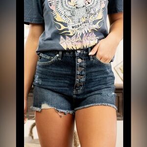 KanCan Midnight Blue Frayed Denim Shorts